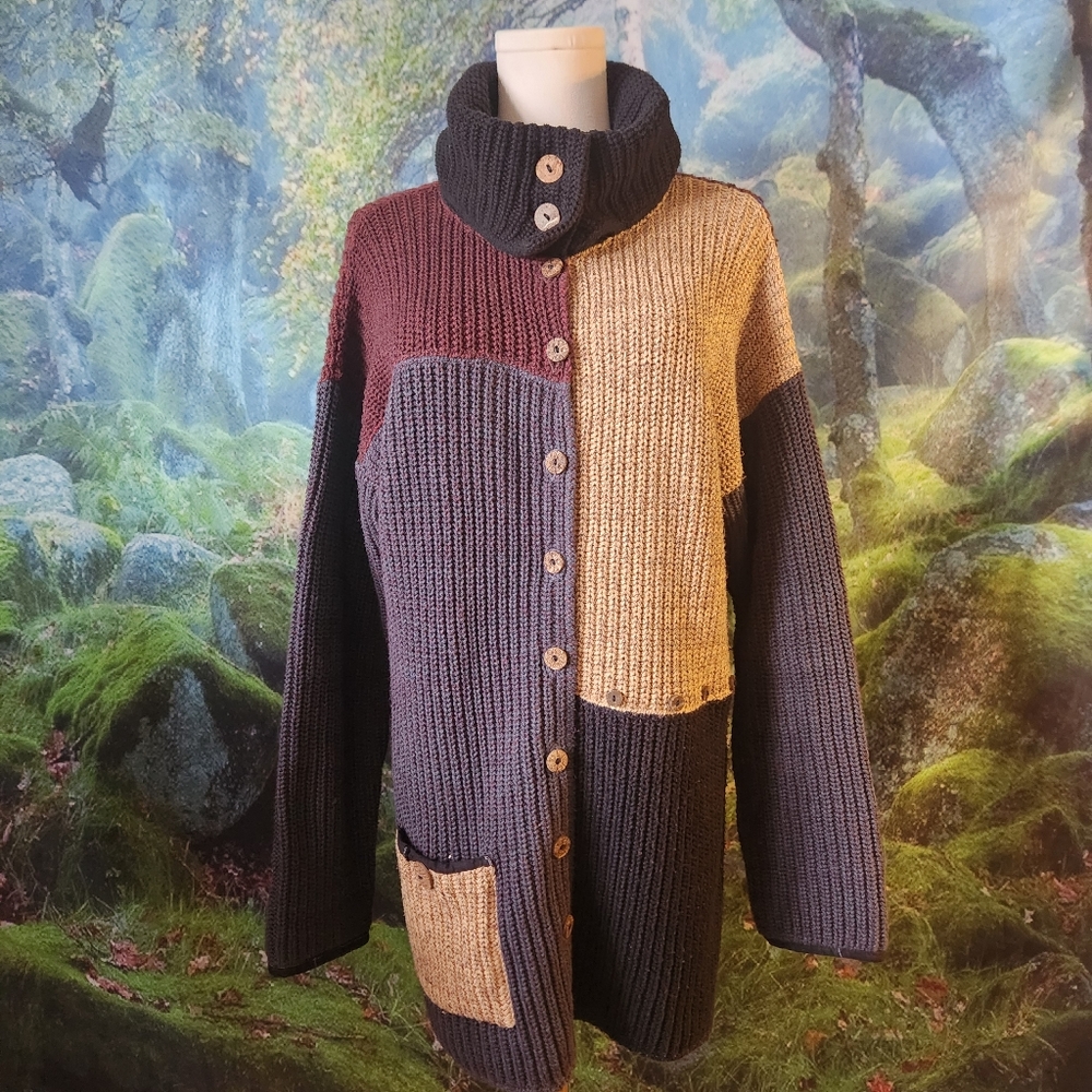 Rare Vintage Margaret Winters Colorblock Turtleneck Chunky Knit Cardigan - Small
